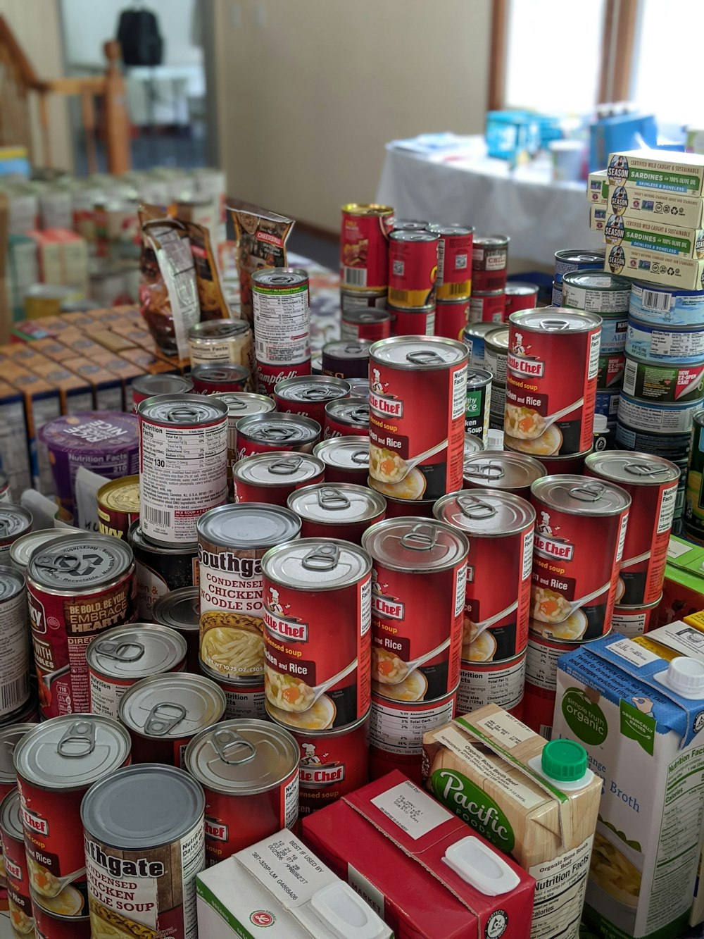 Shelves of donated tinned and packaged food for the community foodbank